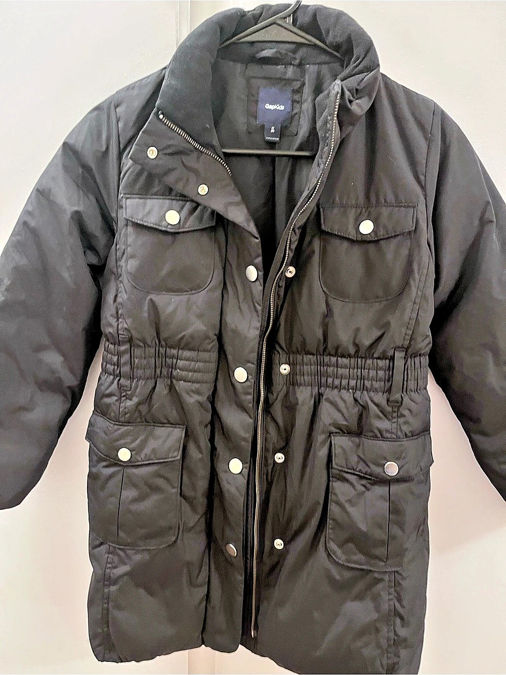 GapKids Girls Black Puffer Parka Faux Fur Hoodie Coat Medium (8) Long Winter Coa